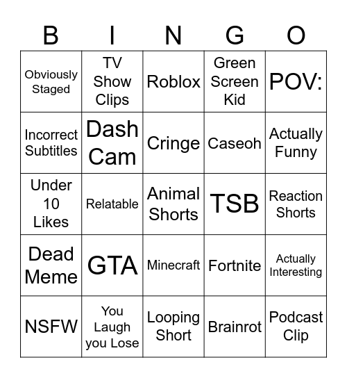 Youtube Shorts Comment Bingo Card
