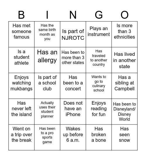 Classmate Bingo Card