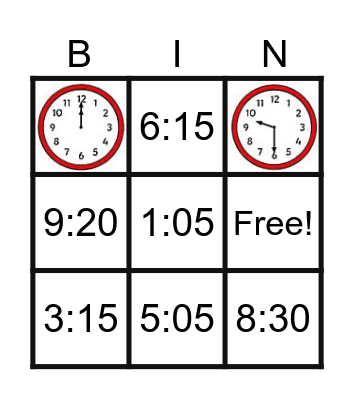 Telling Time Bingo Card