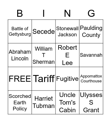 Civil War Trivia Bingo Card