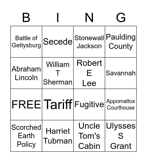 Civil War Trivia Bingo Card