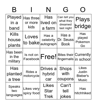 Family Group Bingo Card