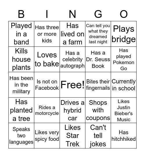 Family Group Bingo Card