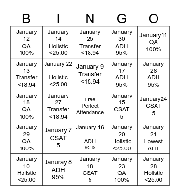 January "New Year's" Bingo Card