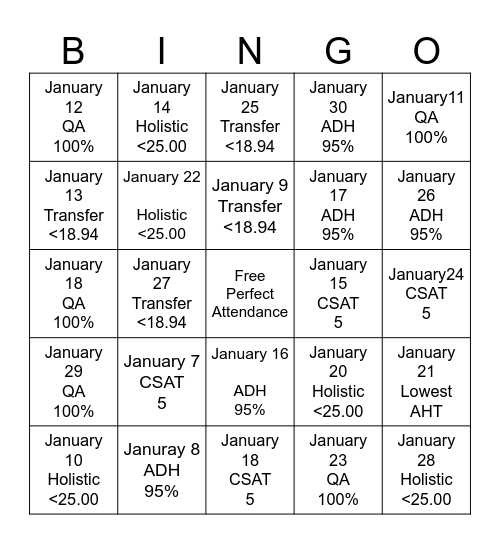 January "New Year's" Bingo Card