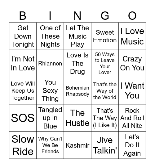 1975 Hits Bingo Card