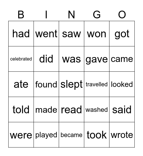 Simple past verb forms Bingo Card
