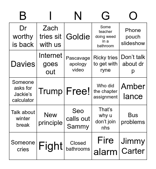 First day back bingo Card