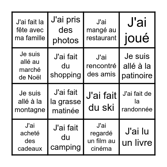 Qu'est-ce que tu as fait pendant les vacances ? Bingo Card