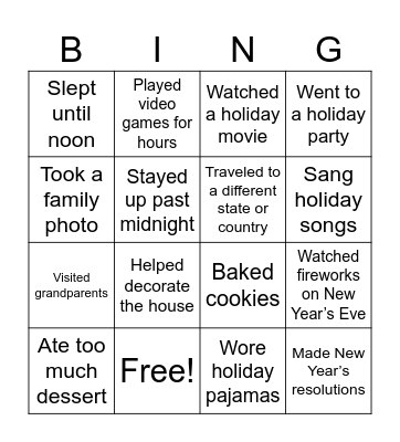 Holiday Break Bingo Card