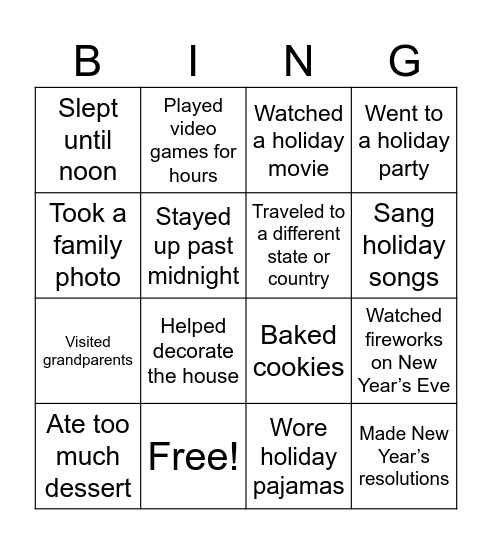 Holiday Break Bingo Card