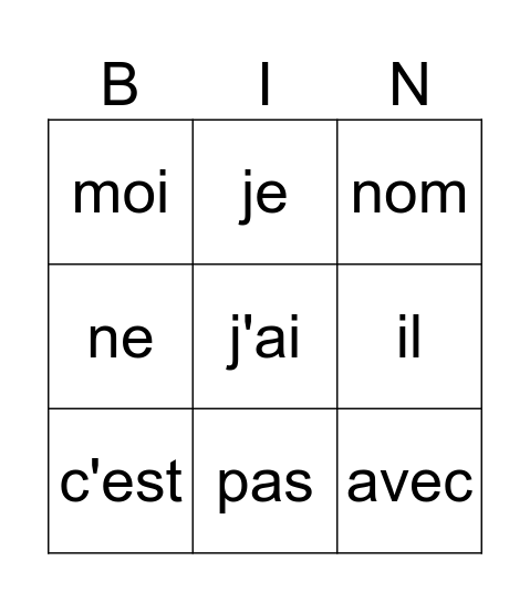 Les mots coeurs Bingo Card