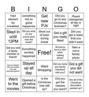 Welcome Back Bingo Card