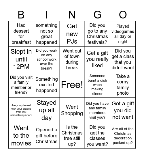 Welcome Back Bingo Card