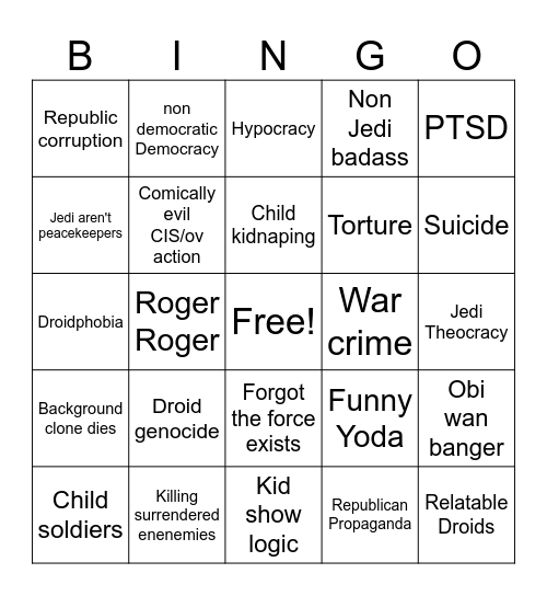 Clone wars bingo Card