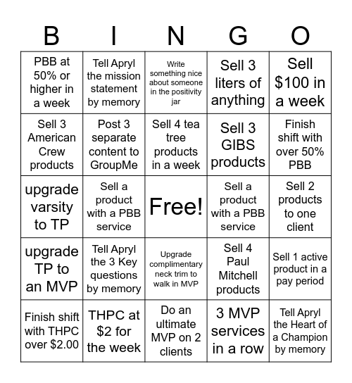 SportClips Bingo Card