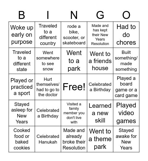 Back from Winter Break Bingo Card