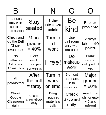 Classroom Expectations Bingo Card