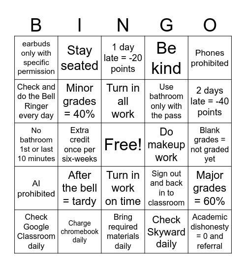 Classroom Expectations Bingo Card