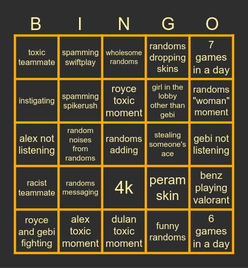 VALORANT DAILY Bingo Card