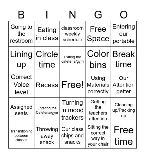 Our Classroom Routines and Procedures Bingo Card