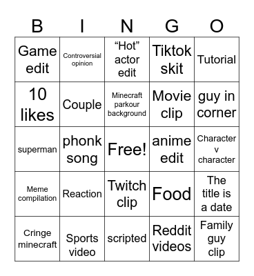 YouTube shorts Bingo Card