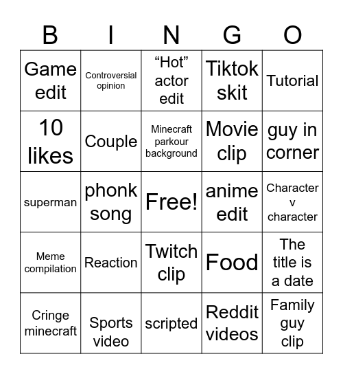 YouTube shorts Bingo Card