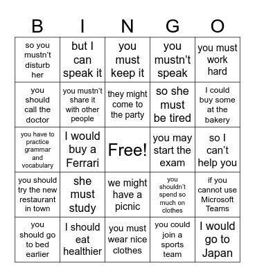 Modal Verbs Bingo Card