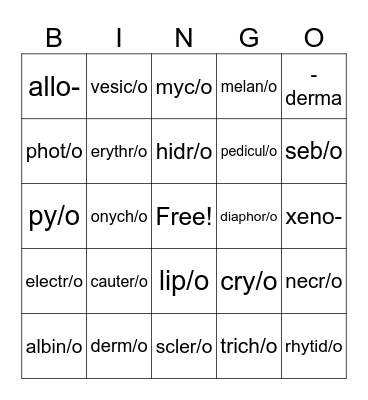 Integumentary Word Parts Bingo Card