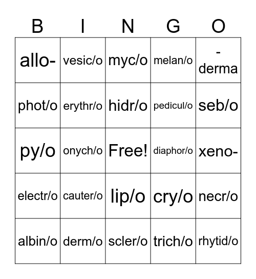 Integumentary Word Parts Bingo Card
