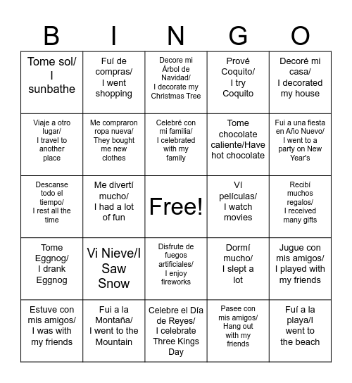 Mis vacaciones de Invierno Bingo Card