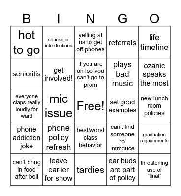 snr class meeting Bingo Card