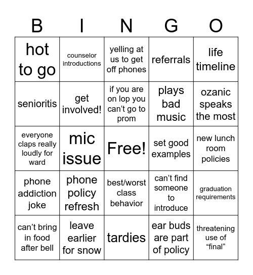 snr class meeting Bingo Card