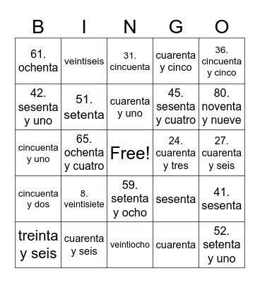 Los Numeros: 20-100 Bingo Card