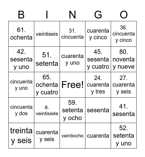 Los Numeros: 20-100 Bingo Card