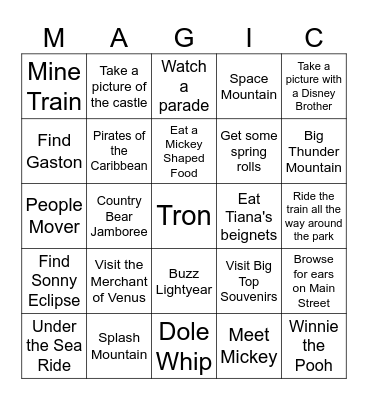 Magic Kingdom Bingo Card