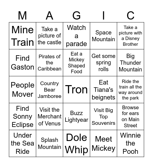 Magic Kingdom Bingo Card
