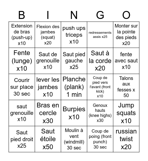 Bingo - Education physique Bingo Card