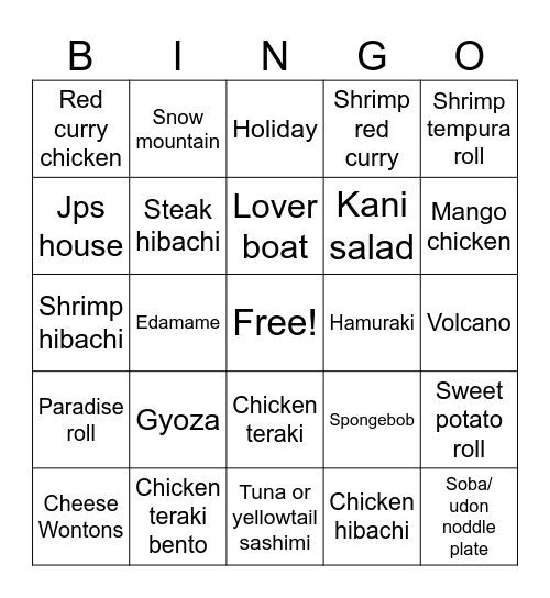 JP house Bingo Card