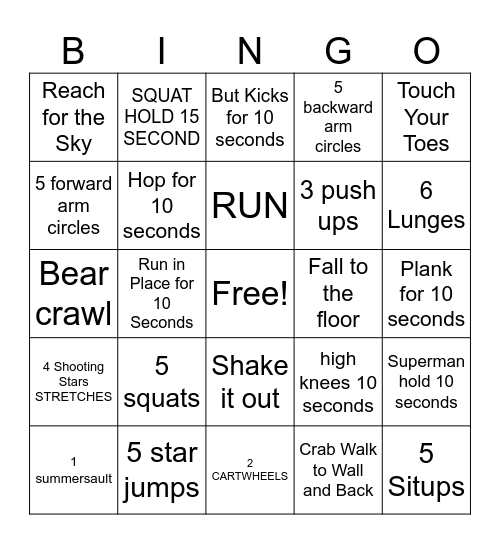 KIDS FITNESS Bingo Card