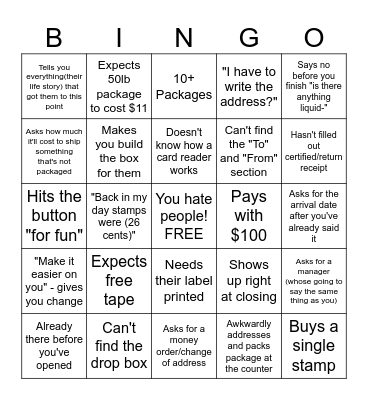 Post Office Bingo Card