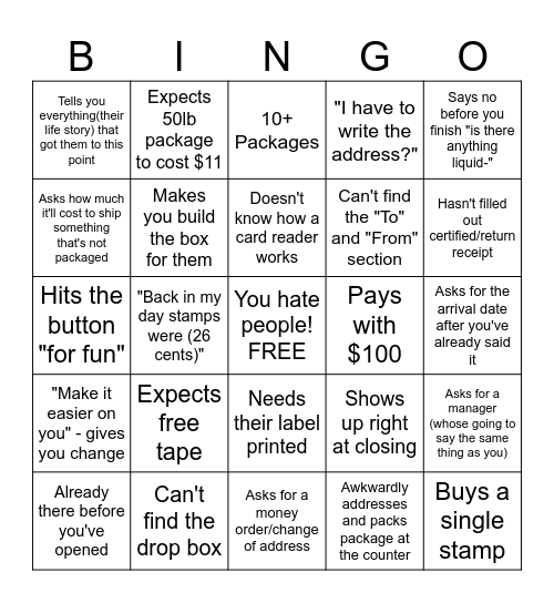 Post Office Bingo Card