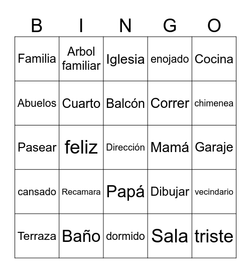 Vocabulario Bingo Card