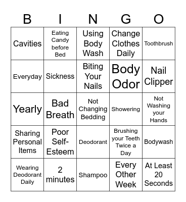 Personal Hygiene  Bingo Card