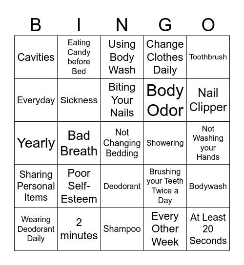 Personal Hygiene  Bingo Card