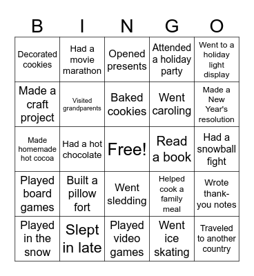 Winter Break Bingo Card