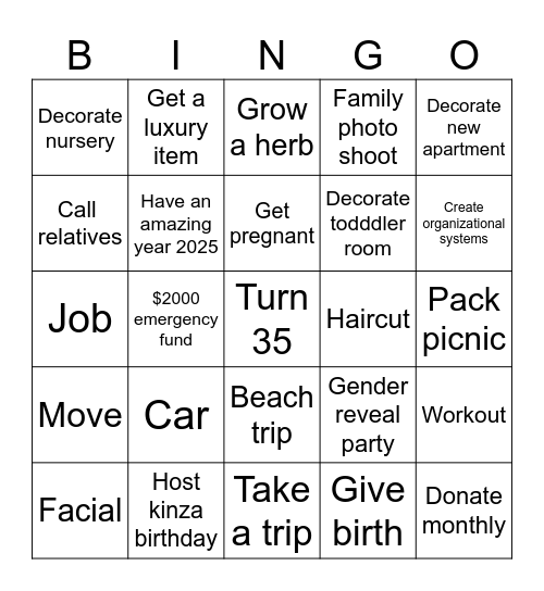 Vision board 2025 Bingo Card