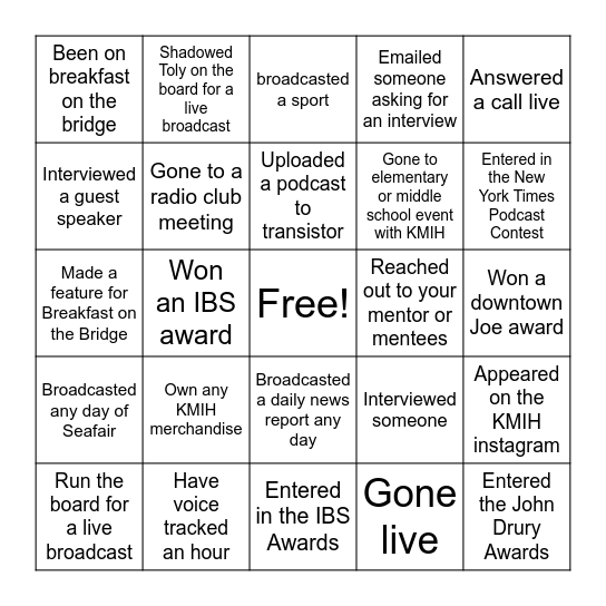 Radio Bingo Card