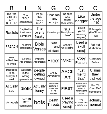 YOUTUBE COMMENTS Bingo Card