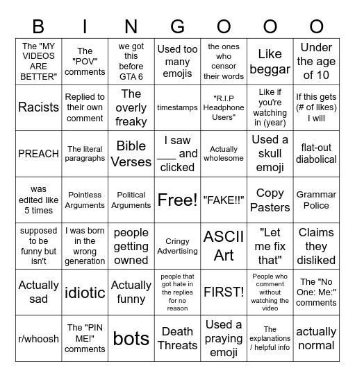 YOUTUBE COMMENTS Bingo Card